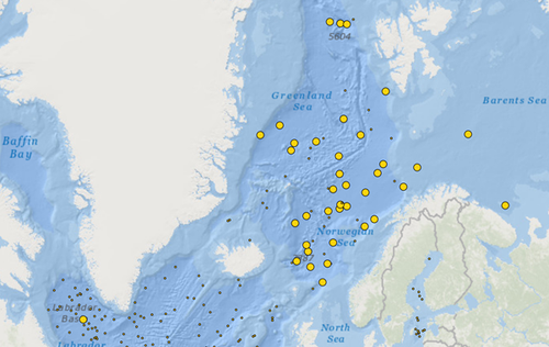 Map that shows the locations of the Norwegian and other countries operative floats in the Nordic Seas and Barents Sea